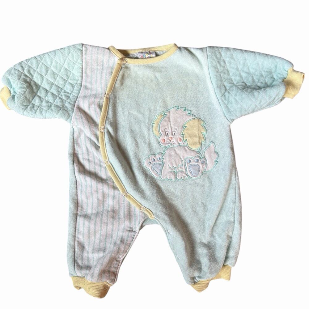 Vintage 90s Small Stars Baby Boy Green Quilted Bodysuit Puppy Embroidery 6-9M